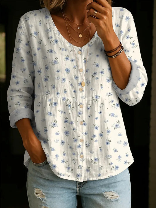 Women's Floral Pattern Art Print Casual Cotton Linen Shirt