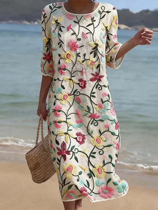 Women's Floral Pattern Linen Blend Dress