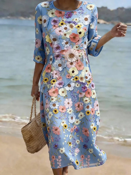 Women's Floral Pattern Linen Blend Dress