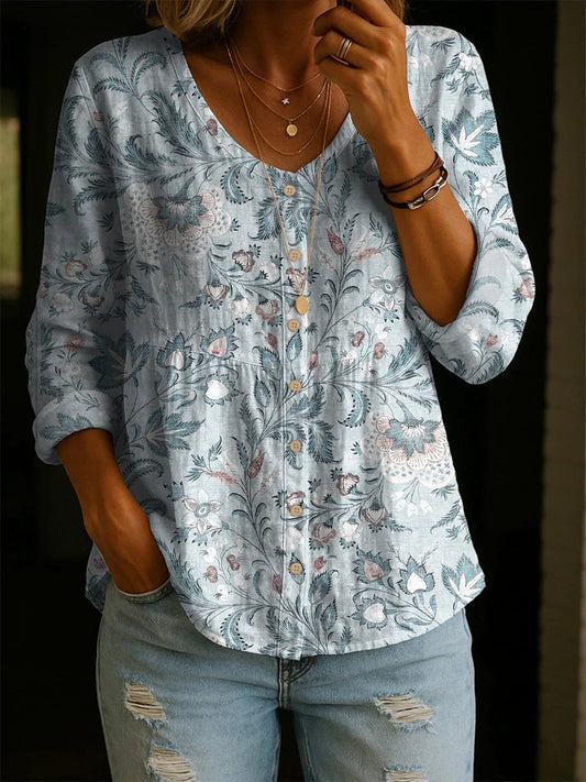 Women's Floral Pattern Art Print Casual Cotton Linen Shirt