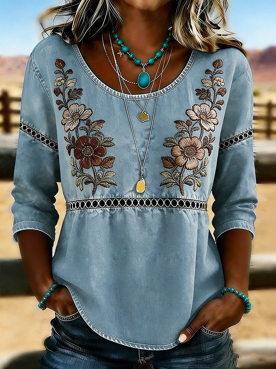 Women's Western Vintage Floral Print Casual O-Neck Top