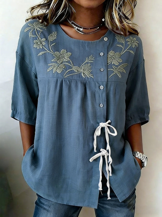 Women's Plants And Flowers Buttoned And Linen Blend Shirt