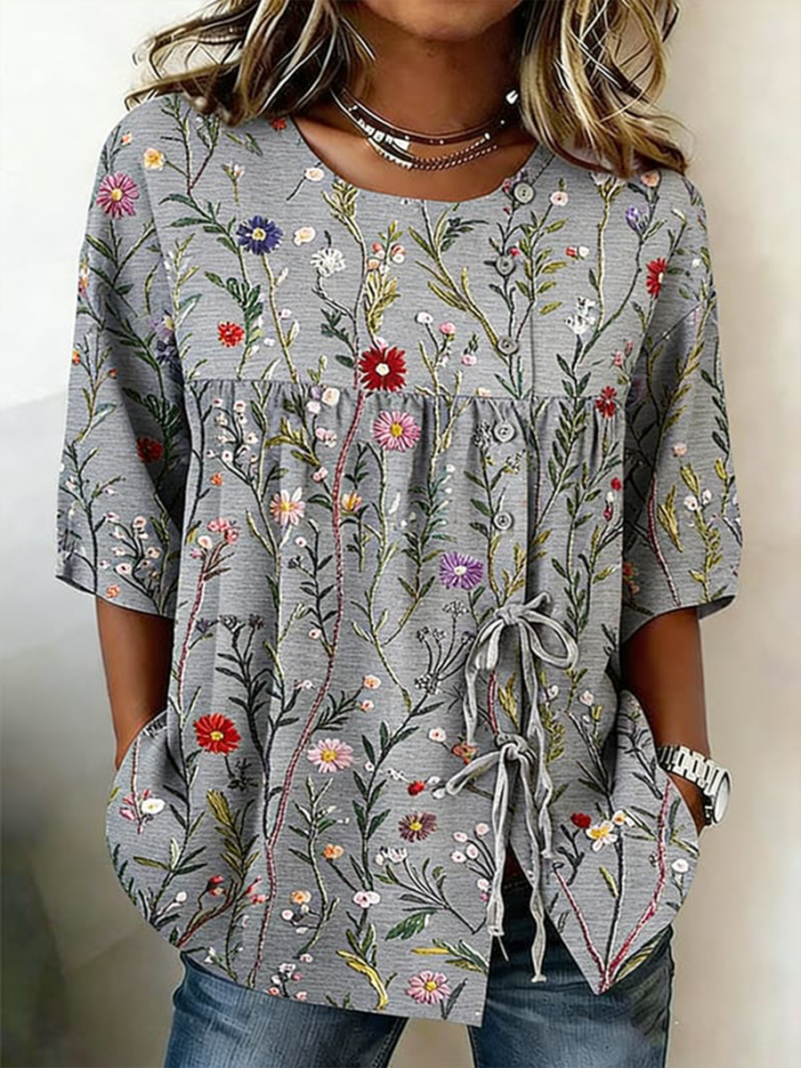 Women's Plants And Flowers Buttoned And Laced Linen Blend Shirt