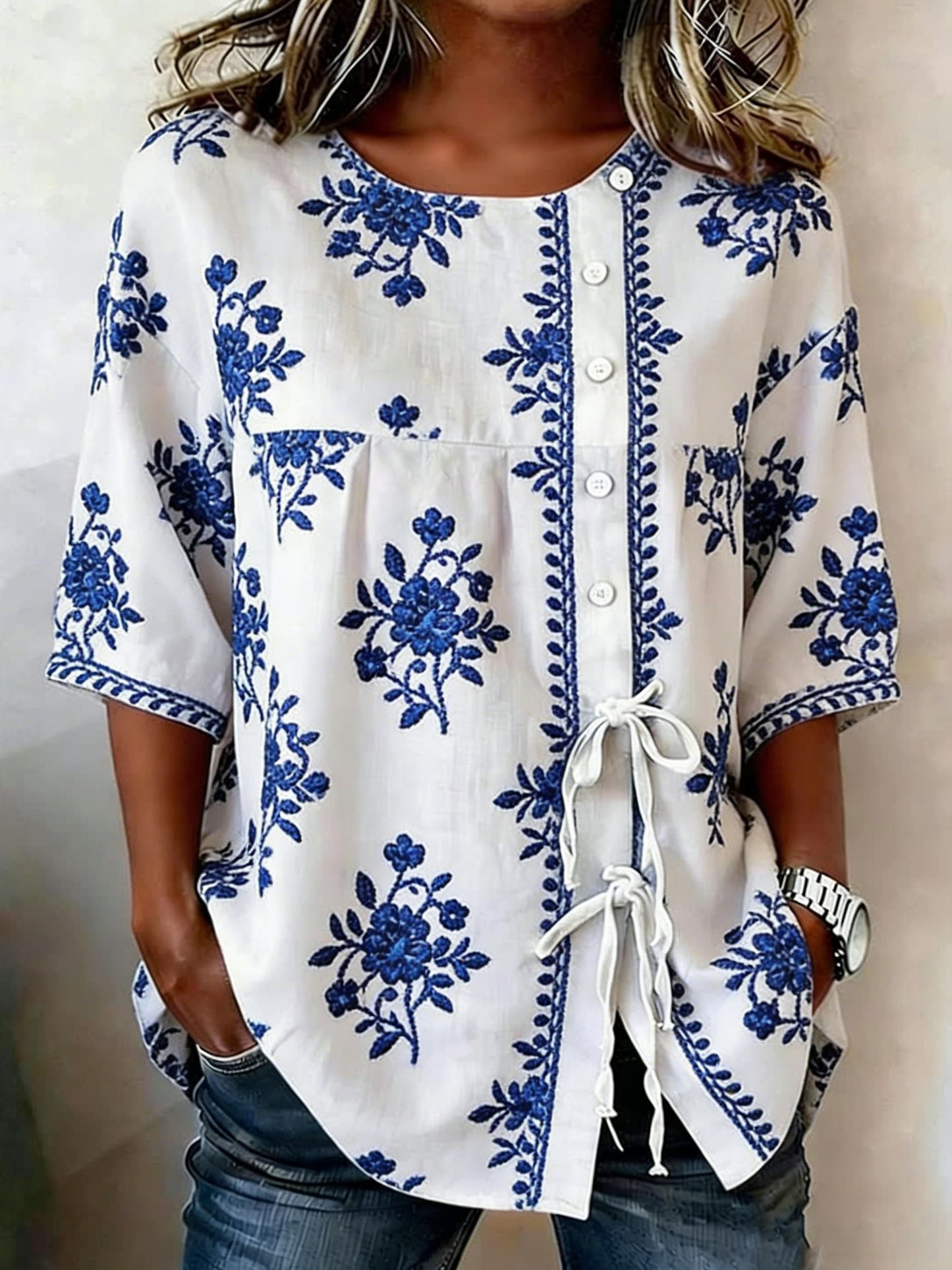 Women's Floral Buttoned Linen Blend Shirt