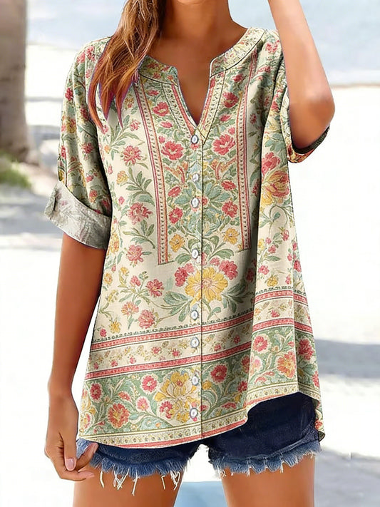 Women's Retro Floral Print Button-Down Shirt