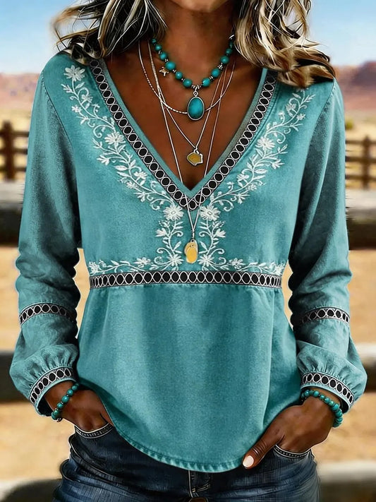 Women's Western Vintage Floral Print Casual V-Neck T-Shirt