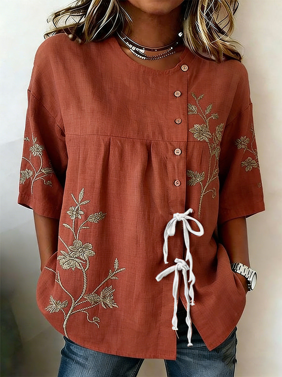 Women's Plants And Flowers Buttoned And Linen Blend Shirt