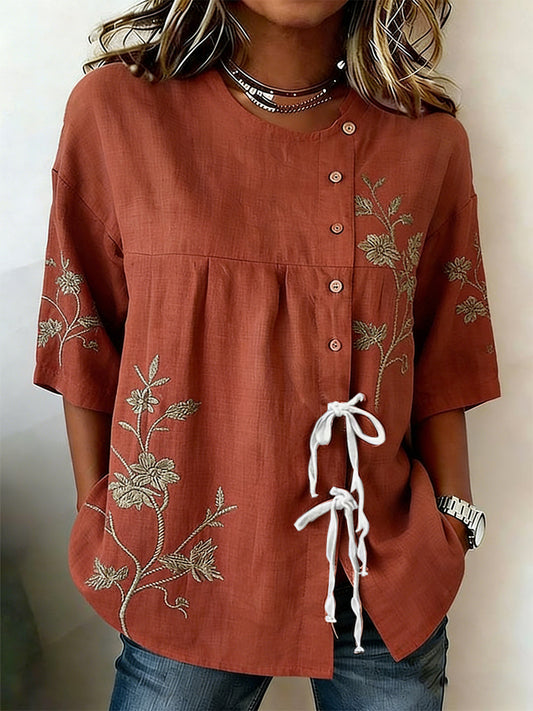 Women's Plants And Flowers Buttoned And Linen Blend Shirt