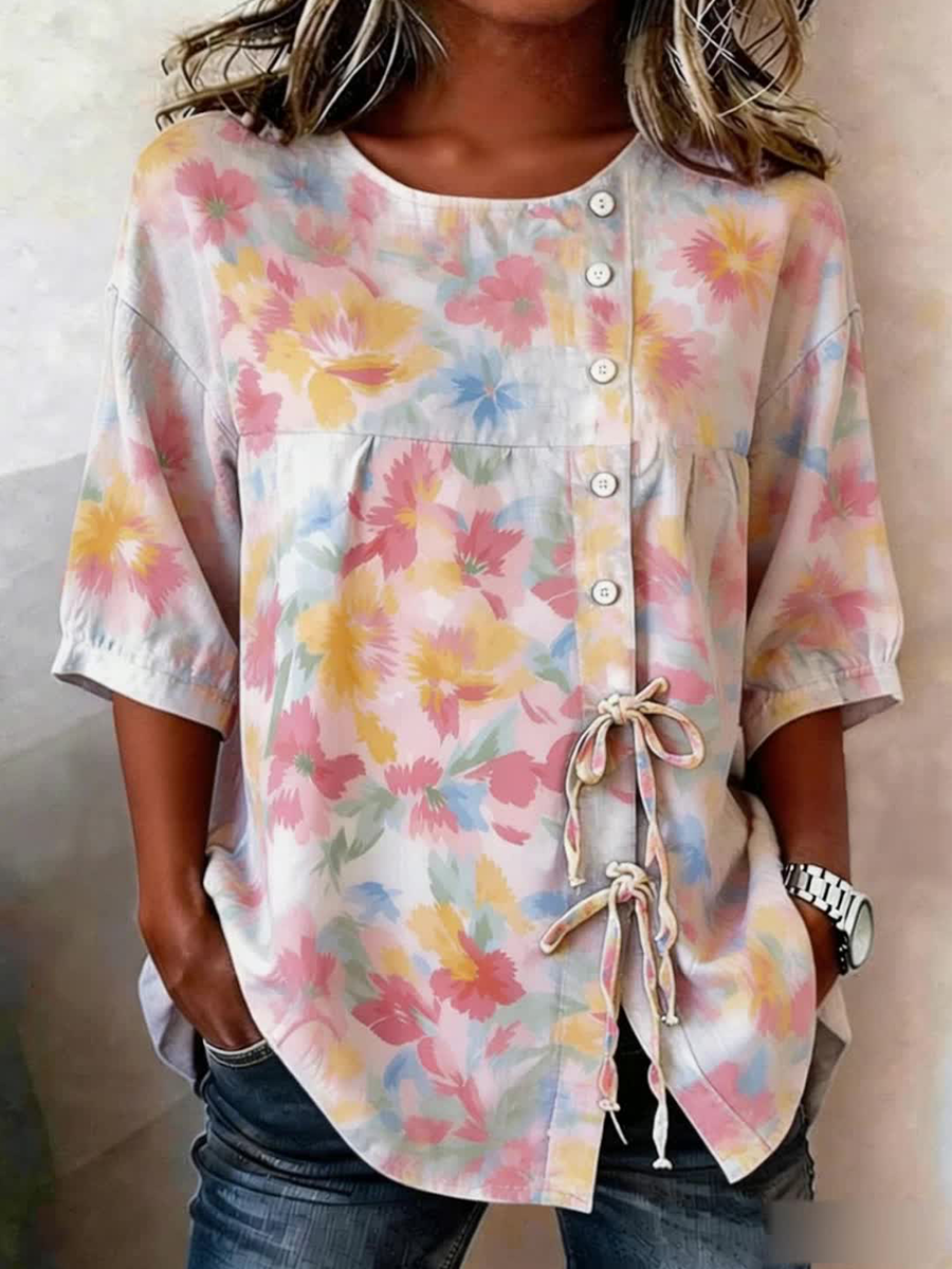 Women's Plants And Flowers Buttoned And Laced Linen Blend Shirt