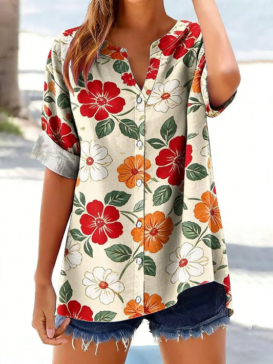 Women's Retro Floral Print Button-Down Shirt