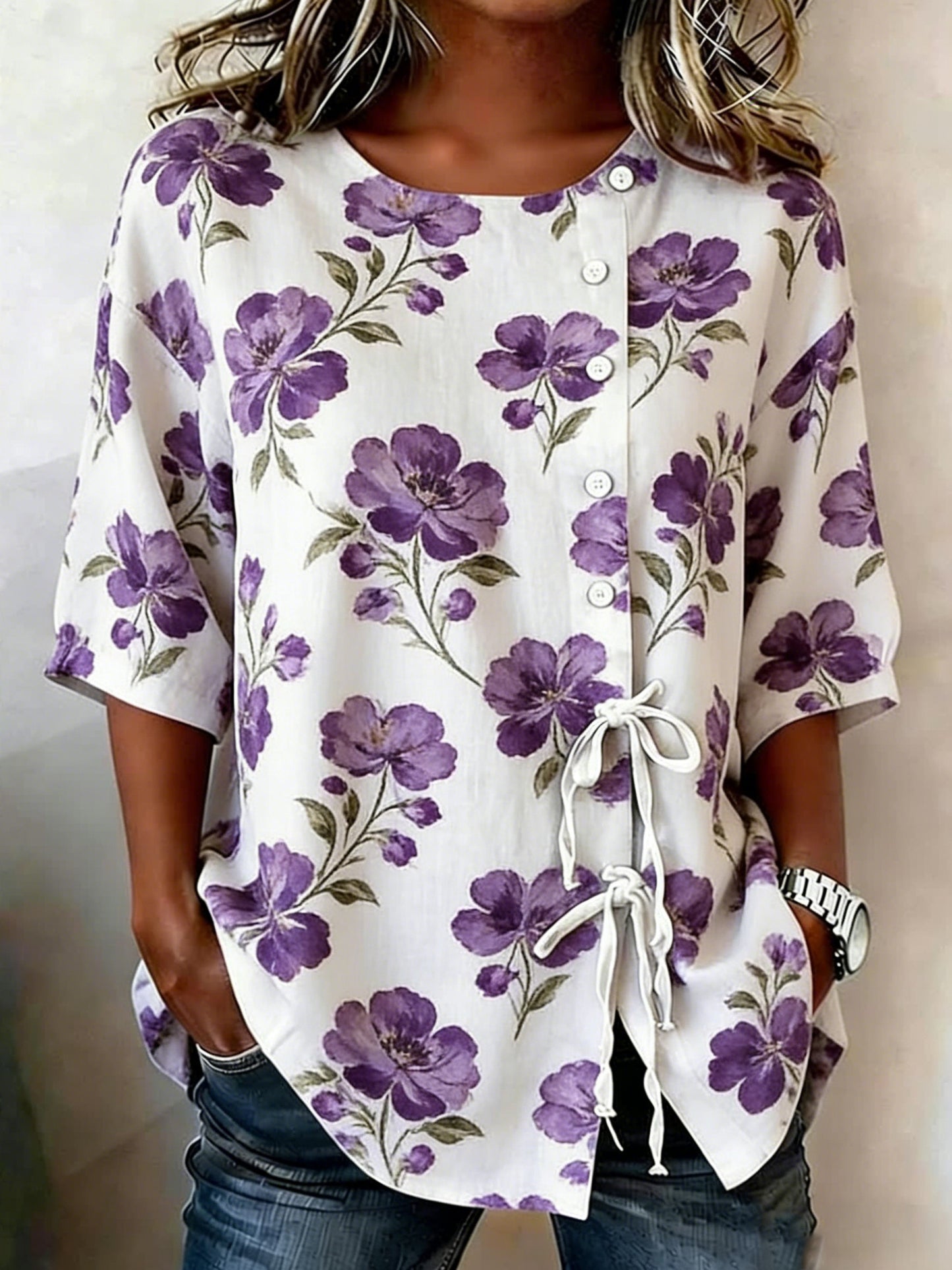 Women's Floral Buttoned Linen Blend Shirt