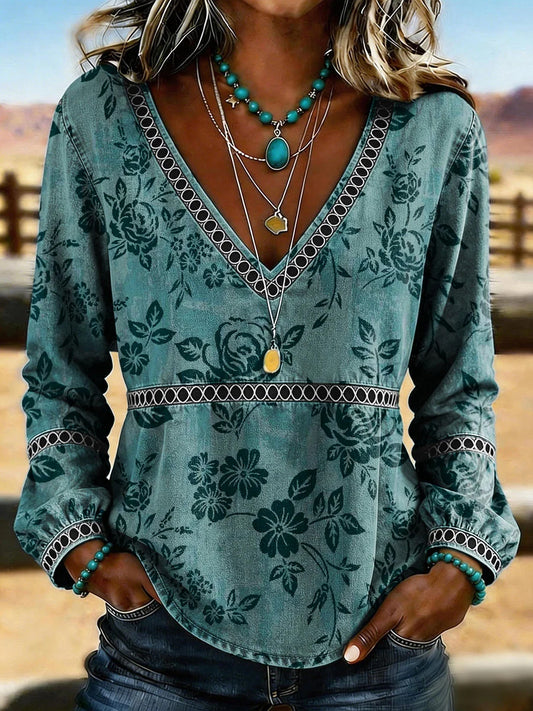 Women's Western Vintage Floral Print Casual V-Neck T-Shirt
