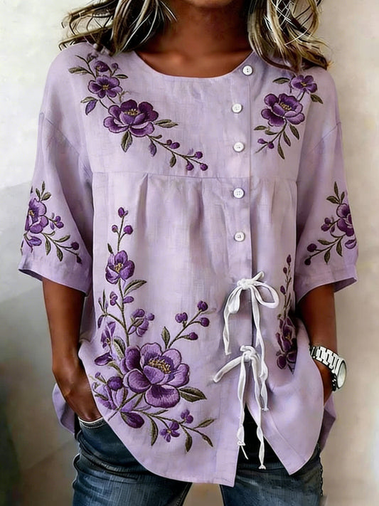 Women's Floral Buttoned Linen Blend Shirt