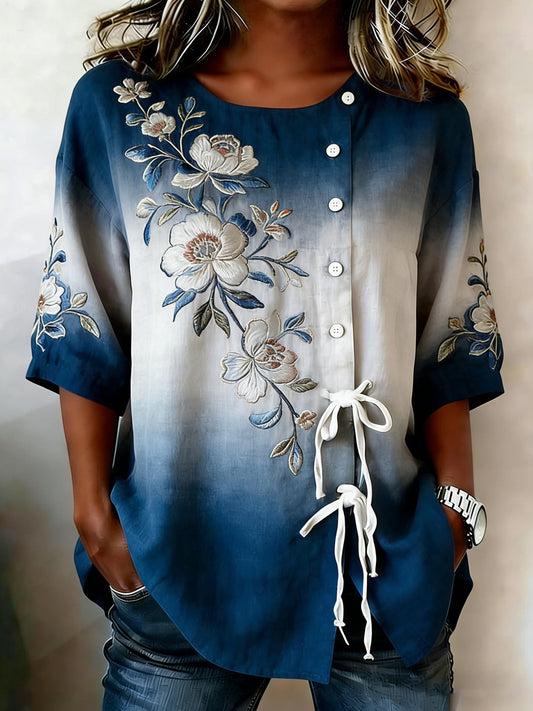 Women's Floral Buttoned Linen Blend Shirt