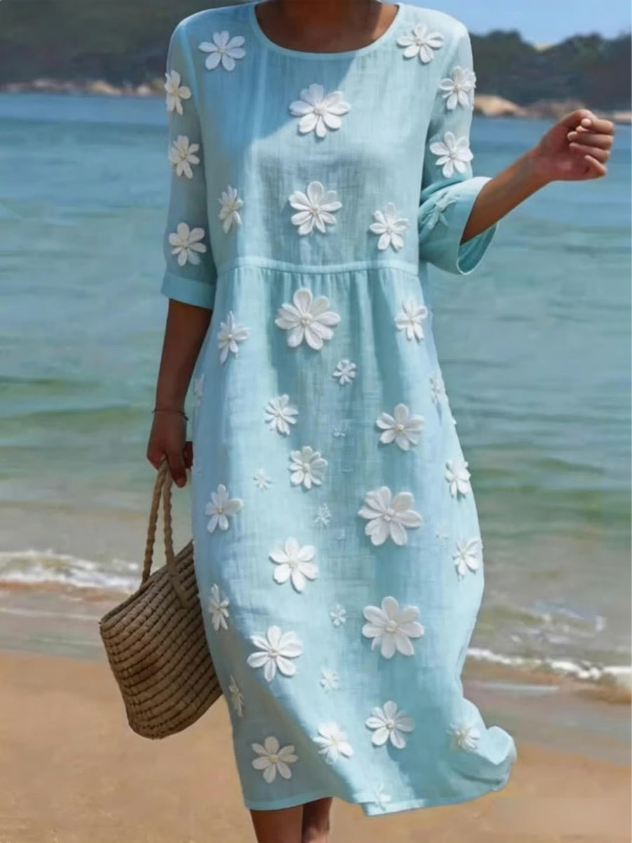 Women's Floral Pattern Linen Blend Dress