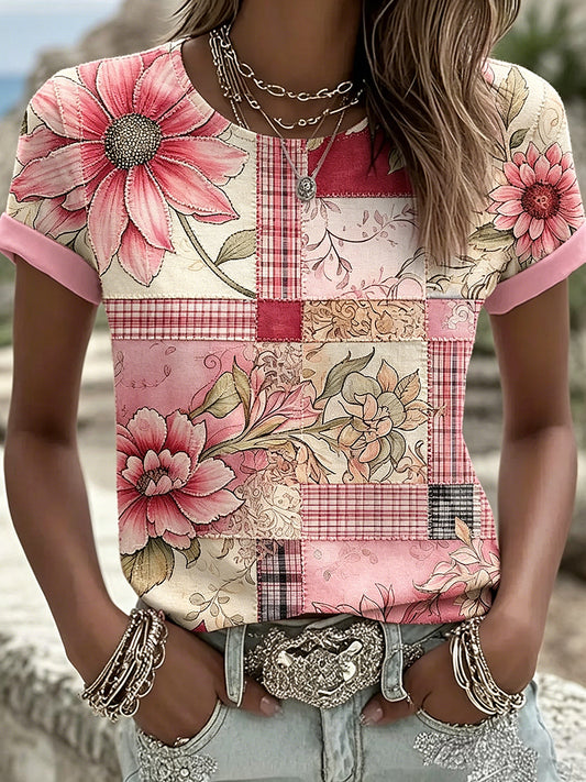 Floral Printed Vintage Fashion Loose Short Sleeve T-Shirt