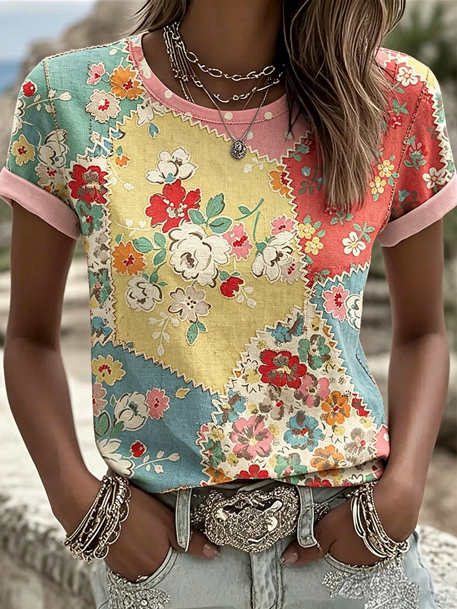 Floral Printed Vintage Fashion Loose Short Sleeve T-Shirt