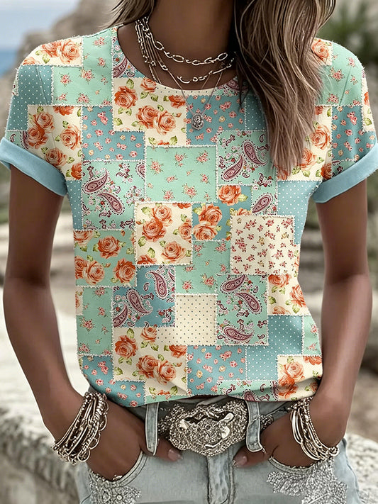Floral Printed Vintage Fashion Loose Short Sleeve T-Shirt