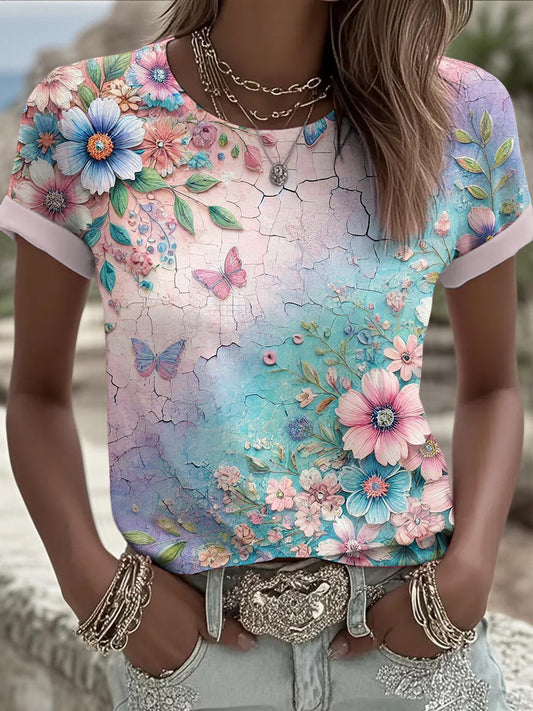Floral Printed Vintage Fashion Loose Short Sleeve T-Shirt