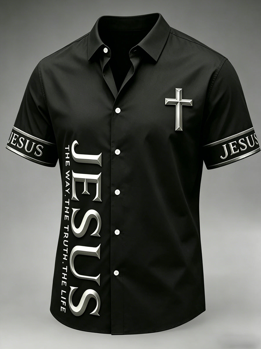 Men's Christian Jesus The Way The Truth The Life Cross Print Short Sleeve Shirt