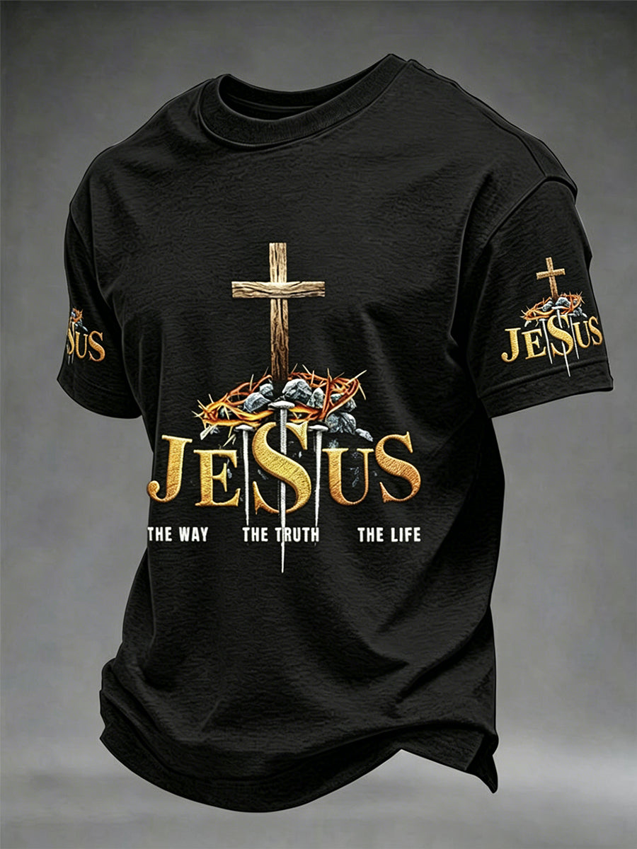 Men's Christian Jesus The Way The Truth The Life Cross Print Short Sleeve T-shirt