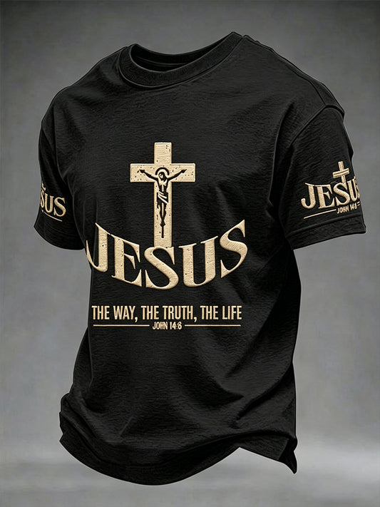 Men's Christian Jesus The Way The Truth The Life Cross Print Short Sleeve T-shirt