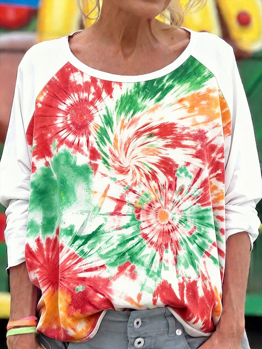 Women’s Creative Tie-Dye Floral Patchwork Print Fashion Long-Sleeve T-Shirt