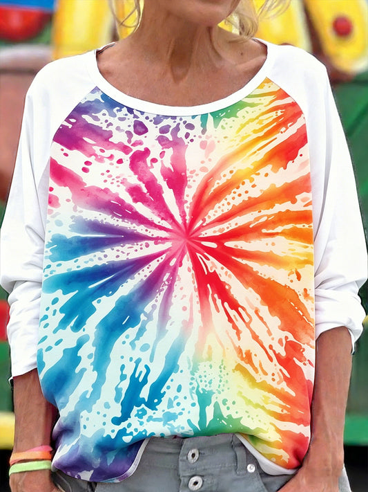 Women’s colourful tie-dye floral patchwork print fashion long-sleeved T-shirt