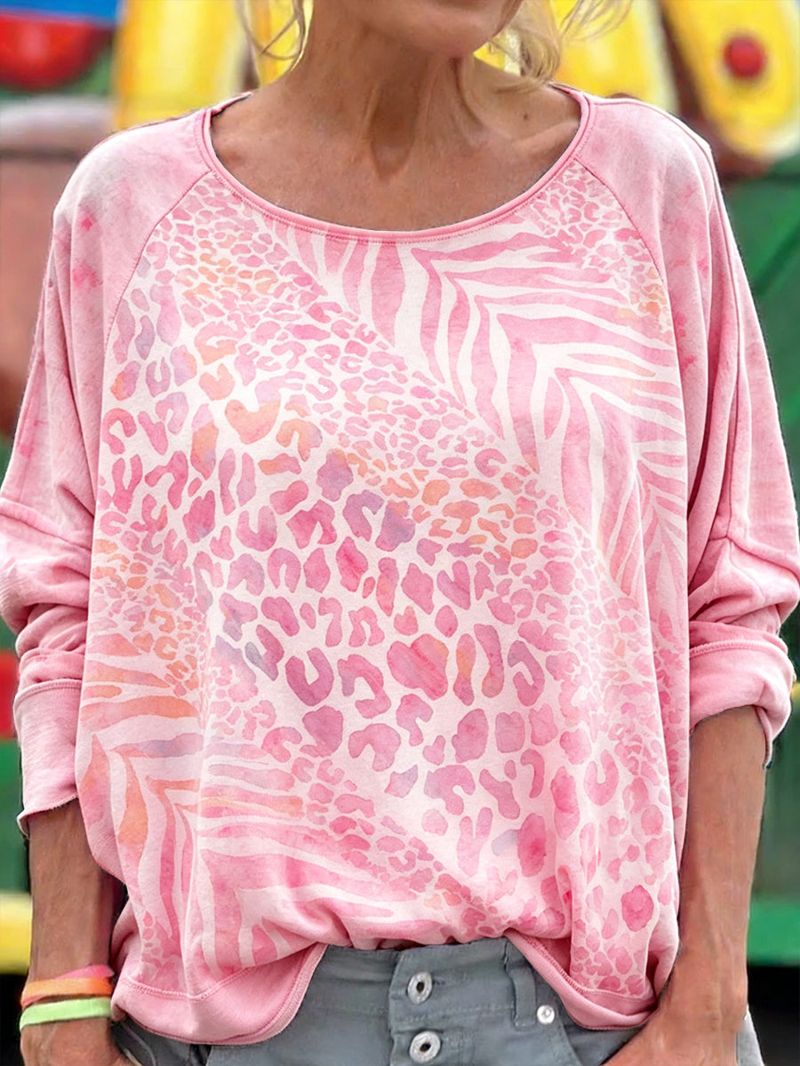 Women’s Pink Leopard-Print Fashion Long-Sleeved T-Shirt