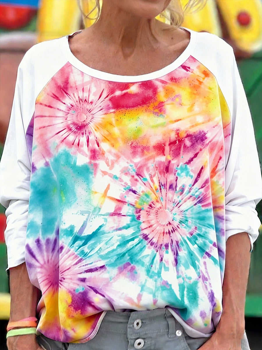 Women’s Creative Colour-Blocked Tie-Dye Floral Patchwork Print Fashion Long-Sleeve T-Shirt