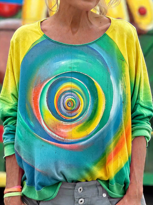 Women’s Tie-Dye Floral Green Print Fashion Long-Sleeved T-Shirt