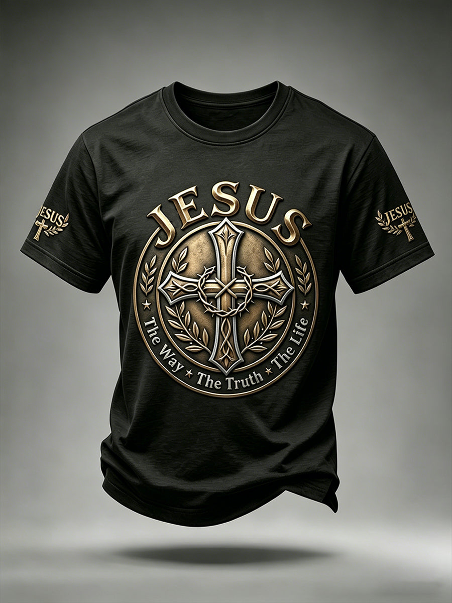 Men's Christian Jesus The Way The Truth The Life Cross Print Short Sleeve T-shirt