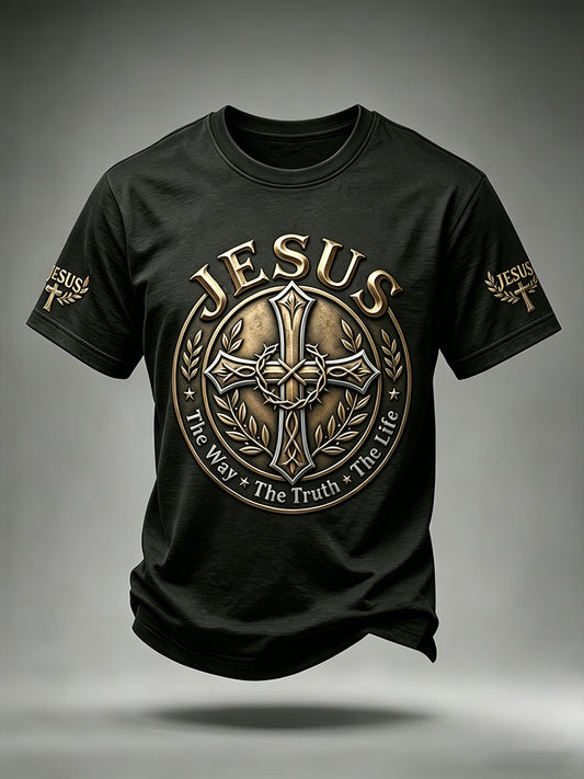 Men's Christian Jesus The Way The Truth The Life Cross Print Short Sleeve T-shirt