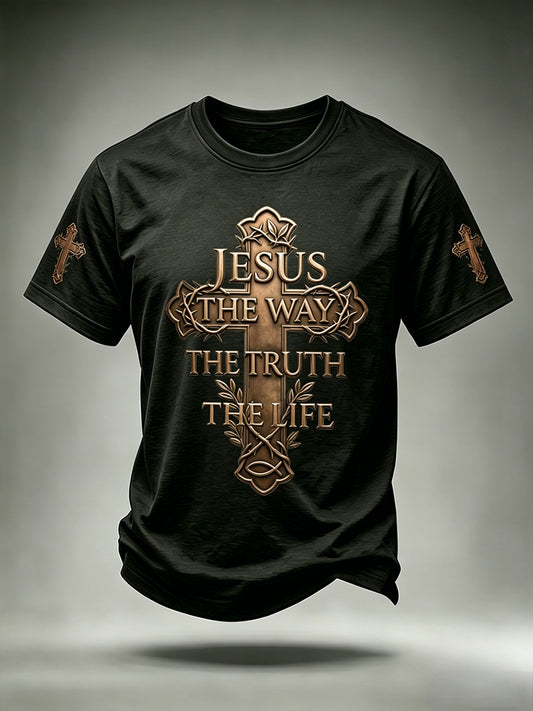 Men's Christian Jesus The Way The Truth The Life Cross Print Short Sleeve T-shirt