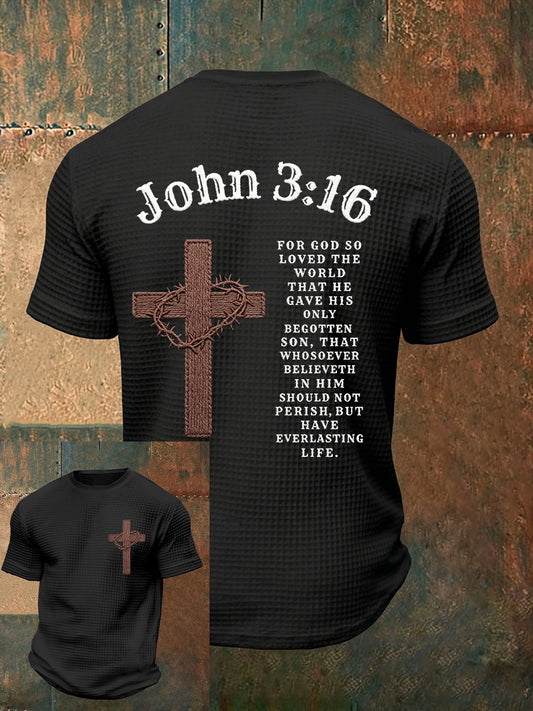 Men's Christian Jesus Saved Me JOHN 3:16 Cross Print Waffle Short Sleeve T-shirt