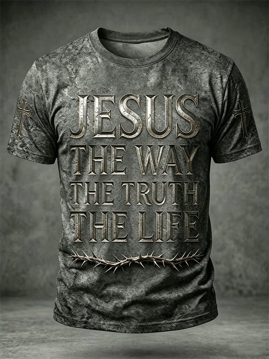 Men's Christian Jesus The Way The Truth The Life Cross Print Short Sleeve T-shirt
