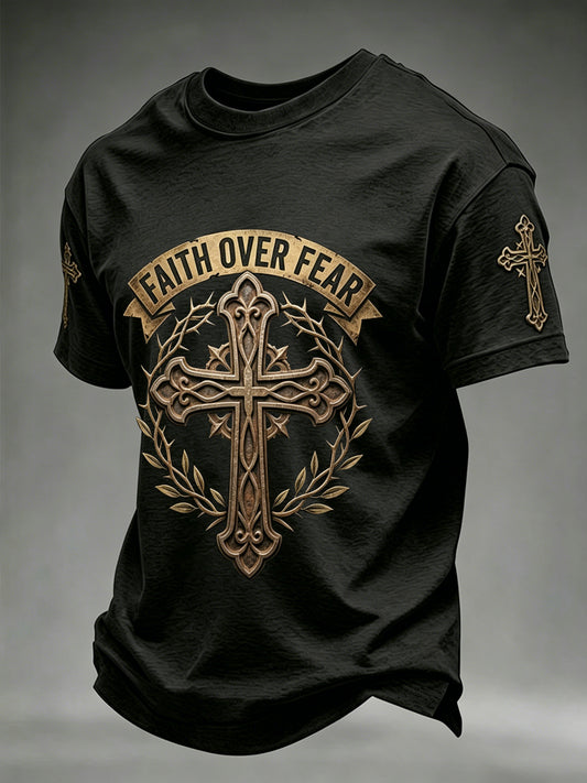 en's Christian Faith Over Fear Cross Print Short Sleeve T-shirt