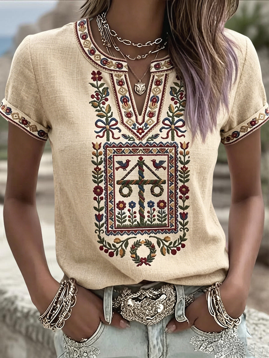 Women's Swedish Midsummer-Inspired Artistic Casual V-Neck T-Shirt