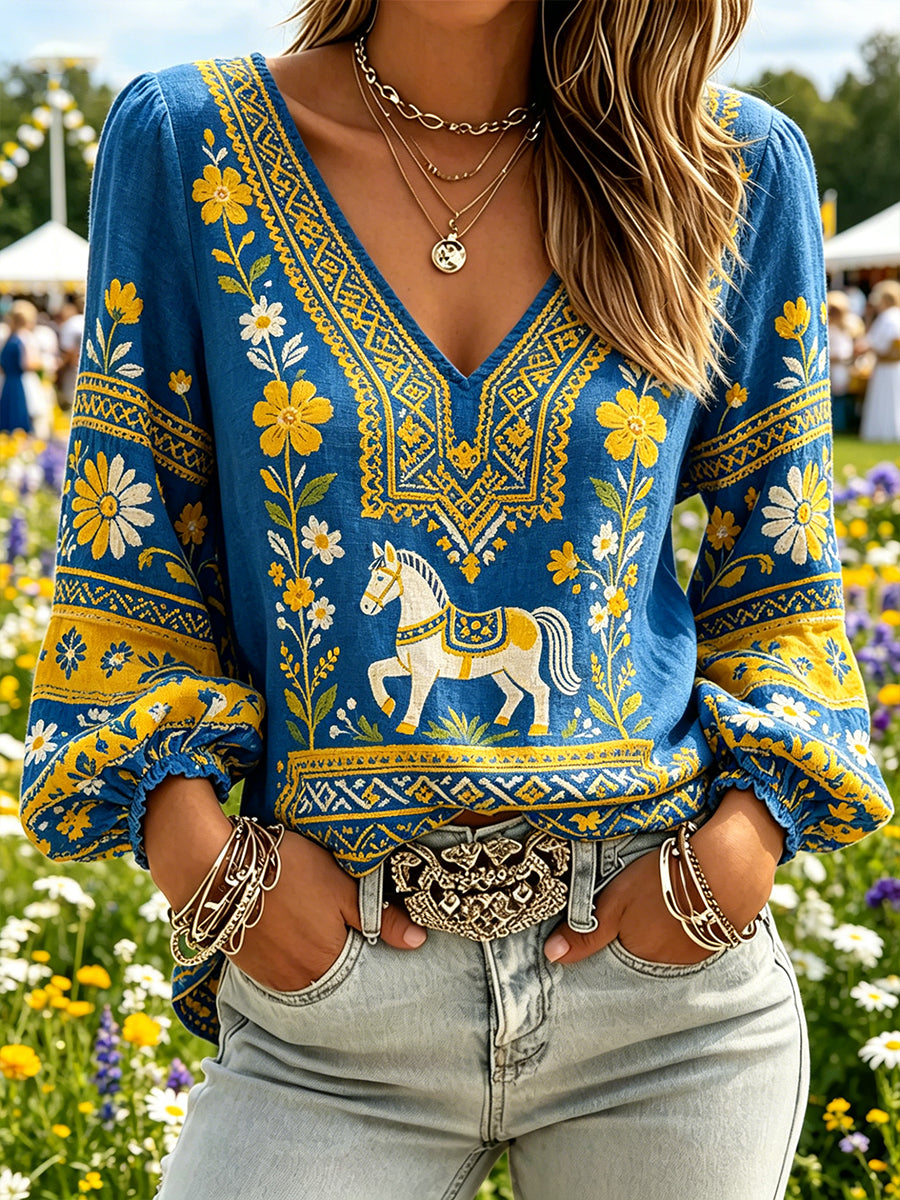Women's Midsummer Festival Themed Ethnic Pastoral Style Printed V-Neck Puff Sleeve Top