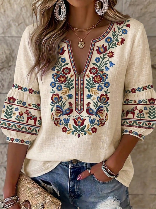 Women's Retro Swedish Midsummer Folk Floral Cotton-Linen Blouse