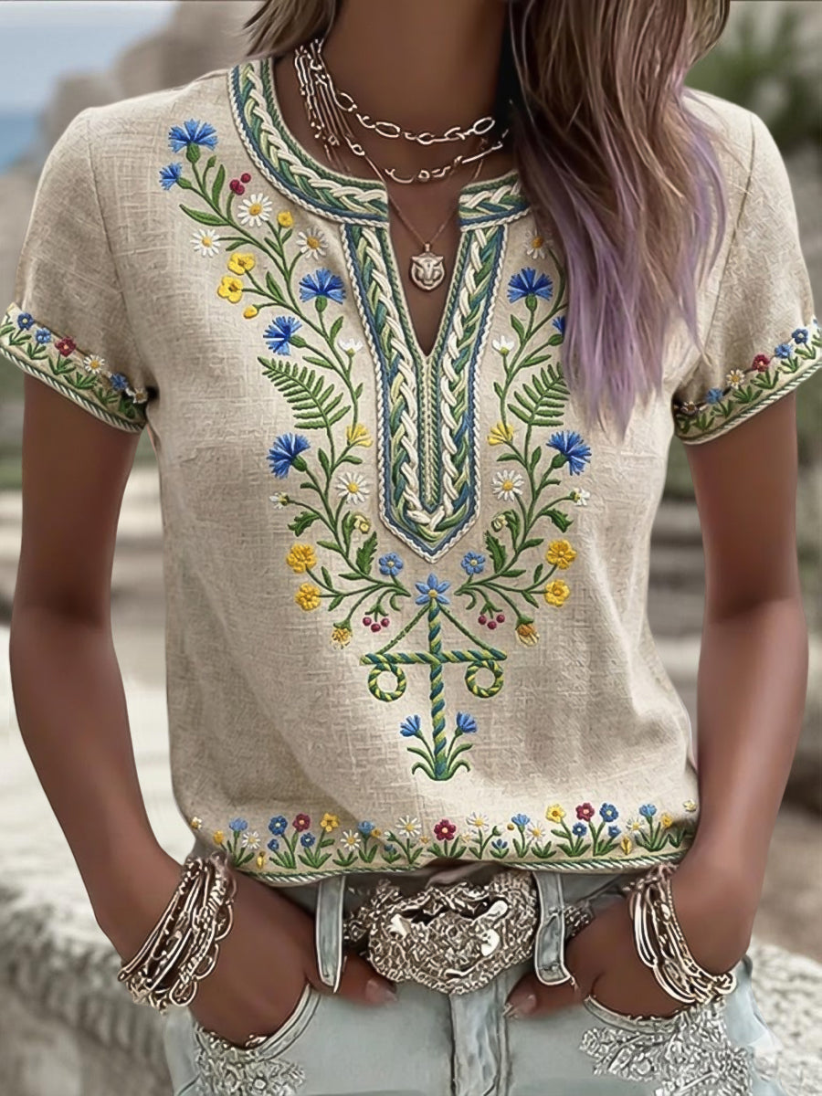 Women's Retro Swedish Midsummer Wreath Artistic Casual V-Neck T-Shirt