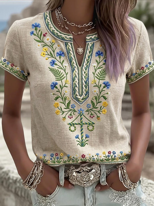 Women's Retro Swedish Midsummer Wreath Artistic Casual V-Neck T-Shirt