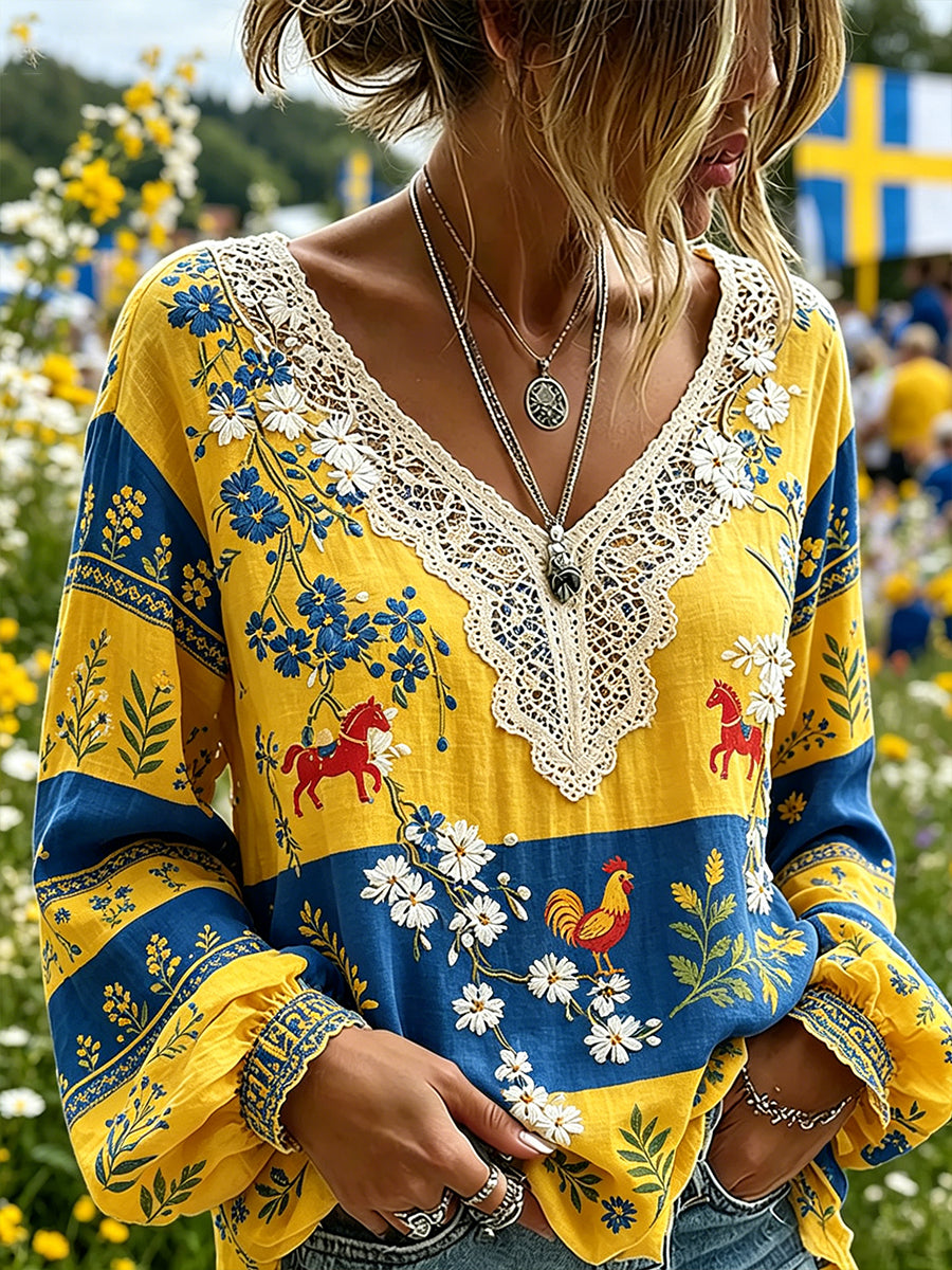Women's Midsummer Festival Themed Ethnic Pastoral Style Printed V-Neck Puff Sleeve Top