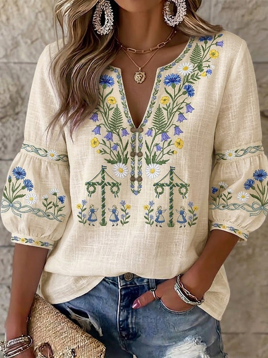 Women's Vintage Swedish Midsummer Floral-Print Cotton-Linen Blouse