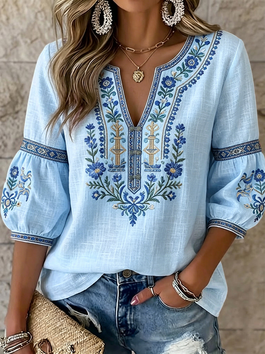 Women's Swedish Midsummer Floral Art Casual V-Neck T-Shirt