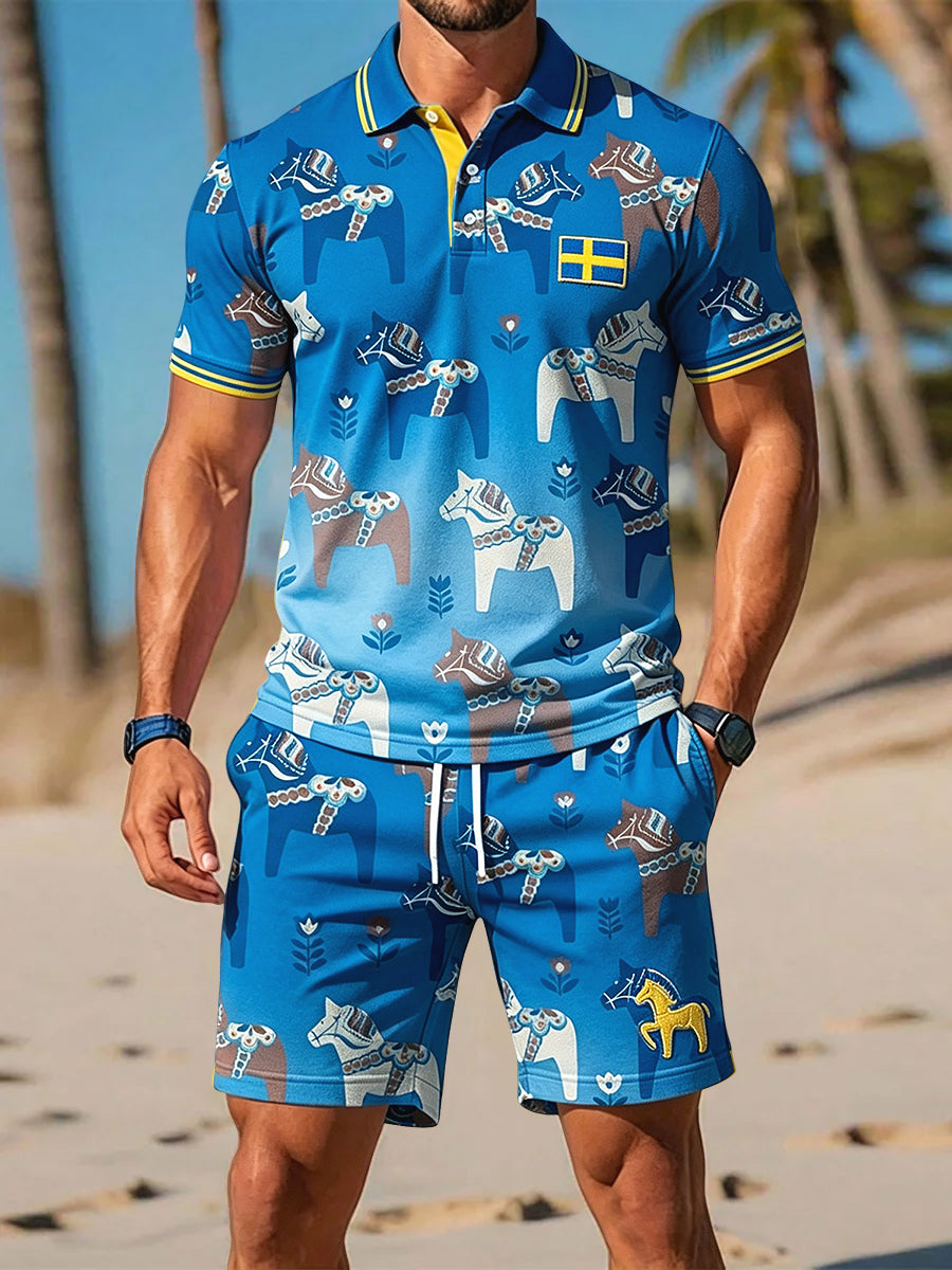 Men's Retro Swedish Midsummer Carousel Casual Polo Shorts Set