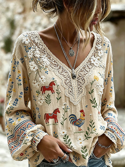 Women's Midsummer Festival Themed Ethnic Pastoral Style Printed V-Neck Puff Sleeve Top