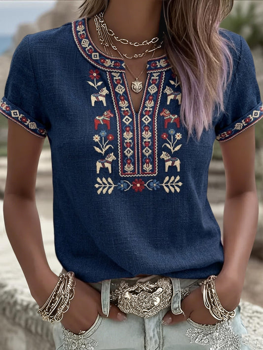 Women's Retro Swedish Midsummer Floral Patchwork Casual T-Shirt