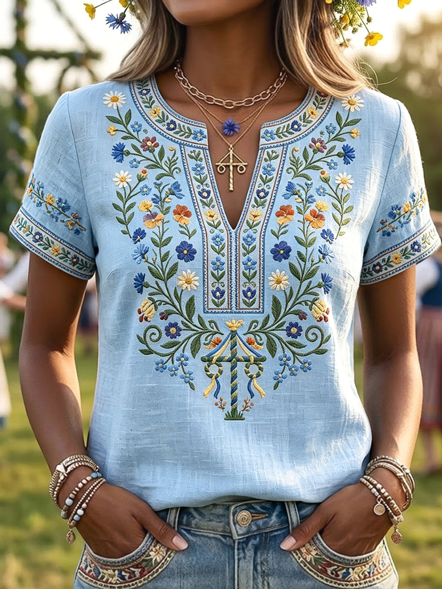 Women's Retro Art Swedish Midsummer Pole Flower V-Neck T-Shirt