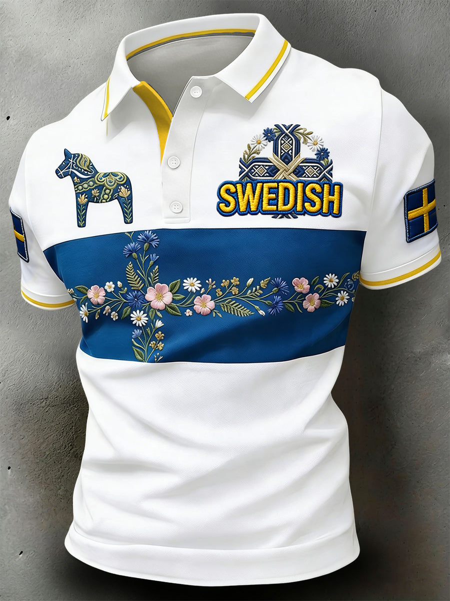 Retro Swedish Midsummer Floral Patchwork Casual Polo Shirt